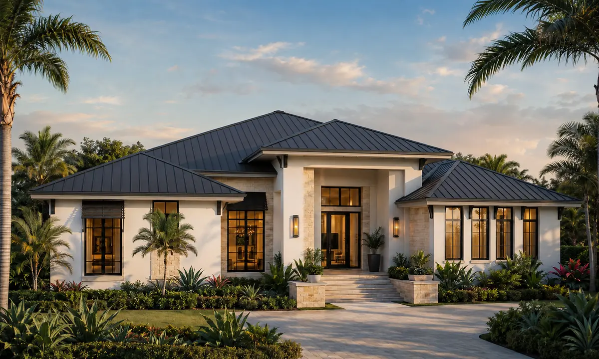 Florida coastal-contemporary home with a charcoal standing-seam metal hip roof